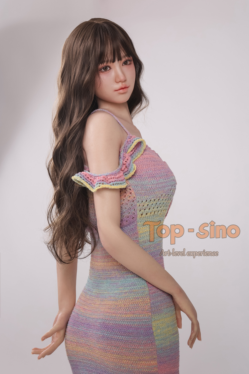 Top Sino 167 cm Platinum Silicone - Mitang (RRS+) wearing a colorful knit dress in side-view angle.