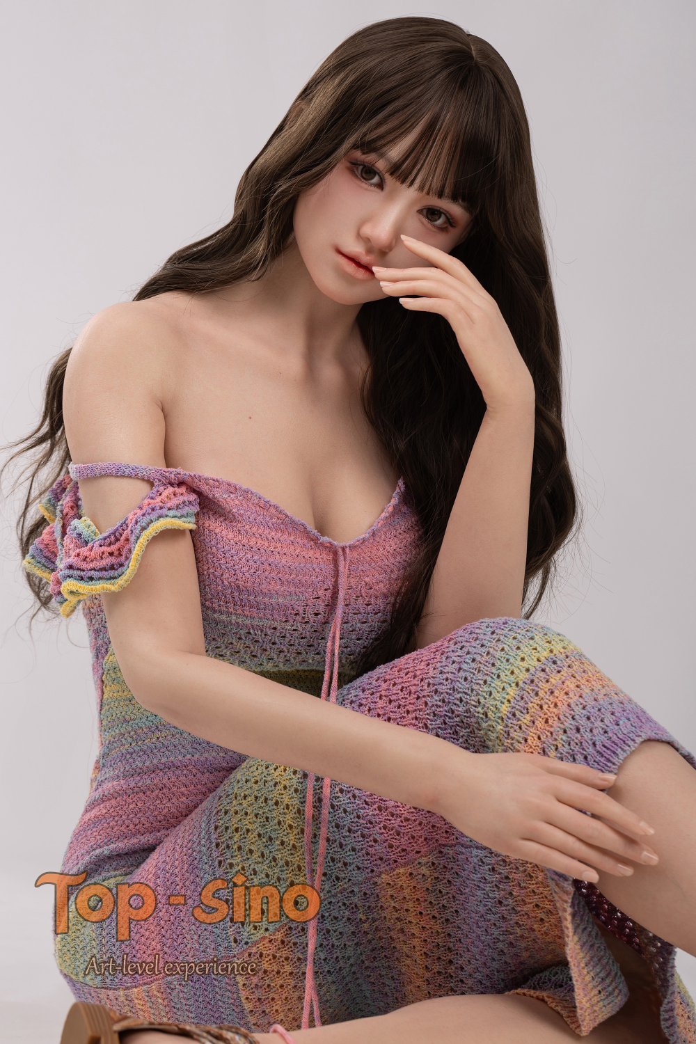 Top Sino 167 cm Platinum Silicone - Mitang (RRS+) wearing a colorful knitted dress.