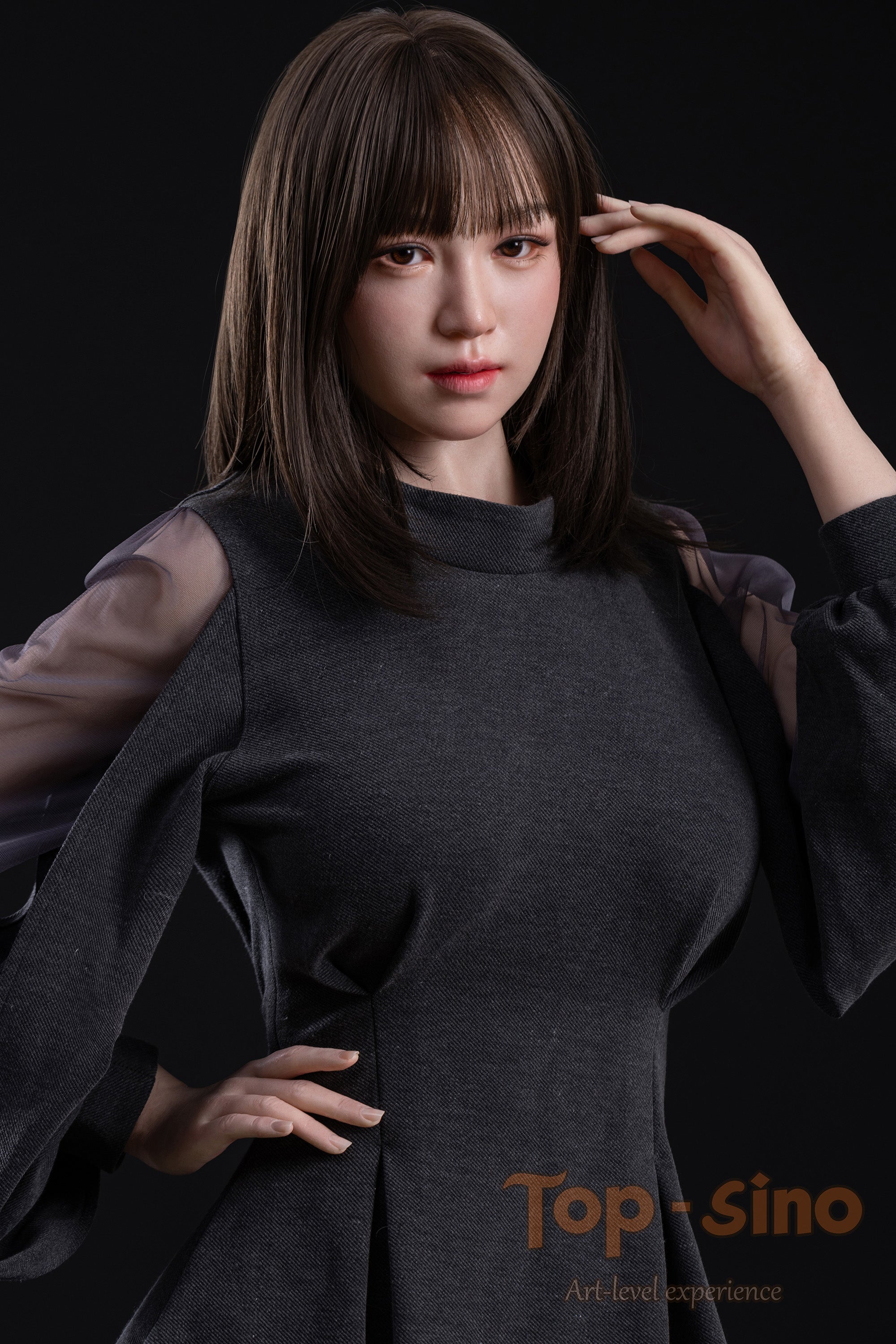 Top Sino 167 cm Platinum Silicone Recreated Series - Miju V2 (RRS+) in a dark gray dress with sheer sleeves against a black background.
