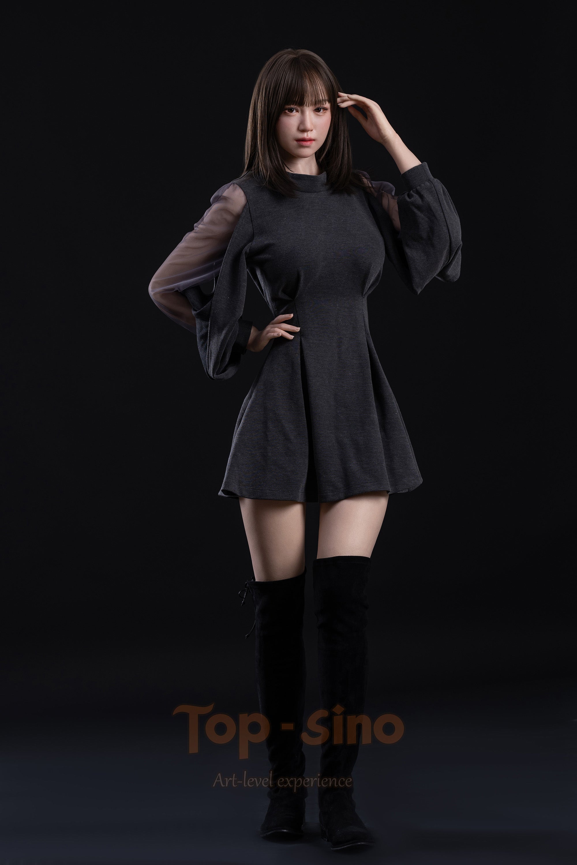 Top Sino 167 cm Platinum Silicone Recreated Series - Miju V2 (RRS+) standing, wearing a black dress with sheer sleeves against a dark background