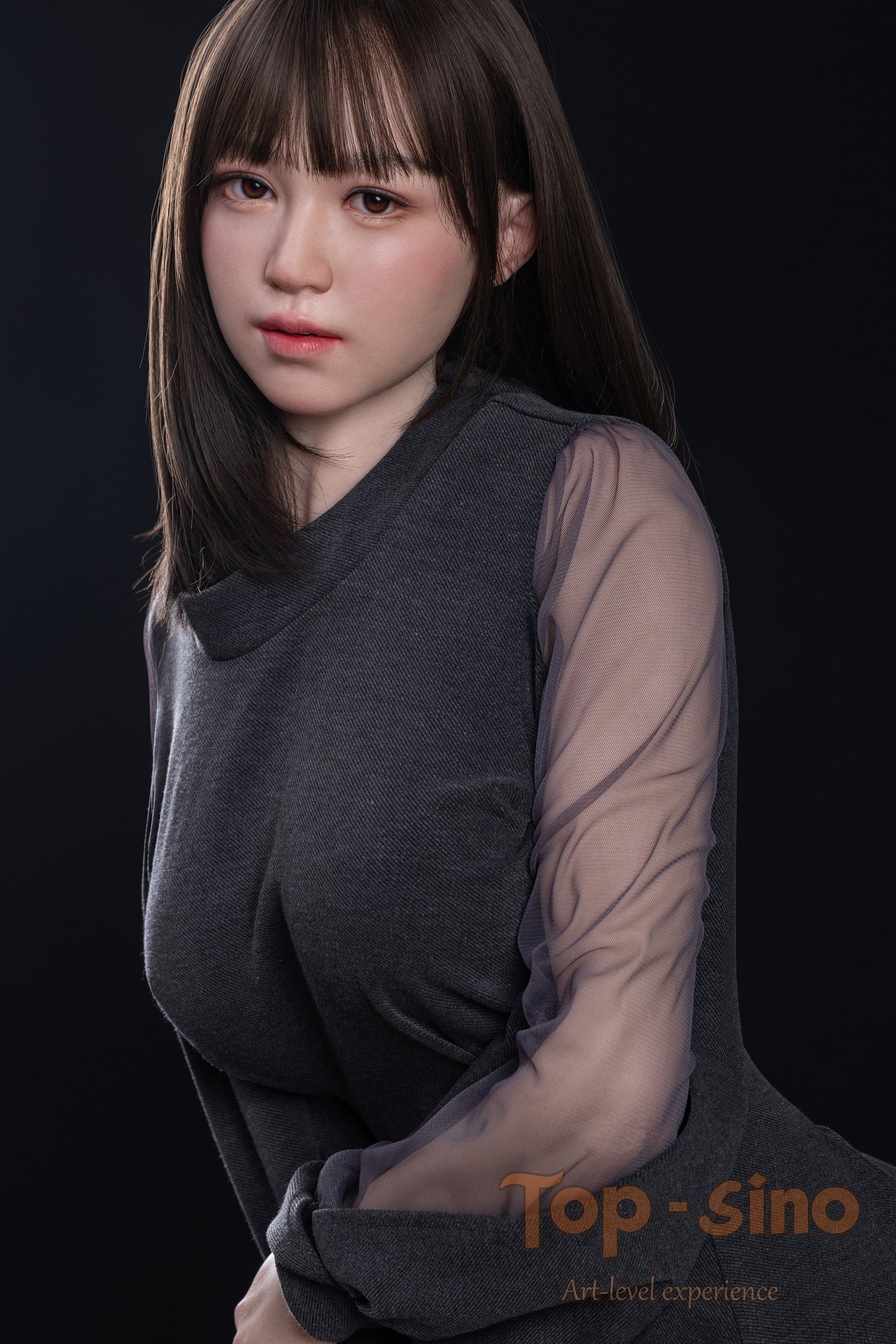 Top Sino 167 cm Platinum Silicone Recreated Series - Miju V2 (RRS+) wearing a dark gray top with sheer sleeves against a black background
