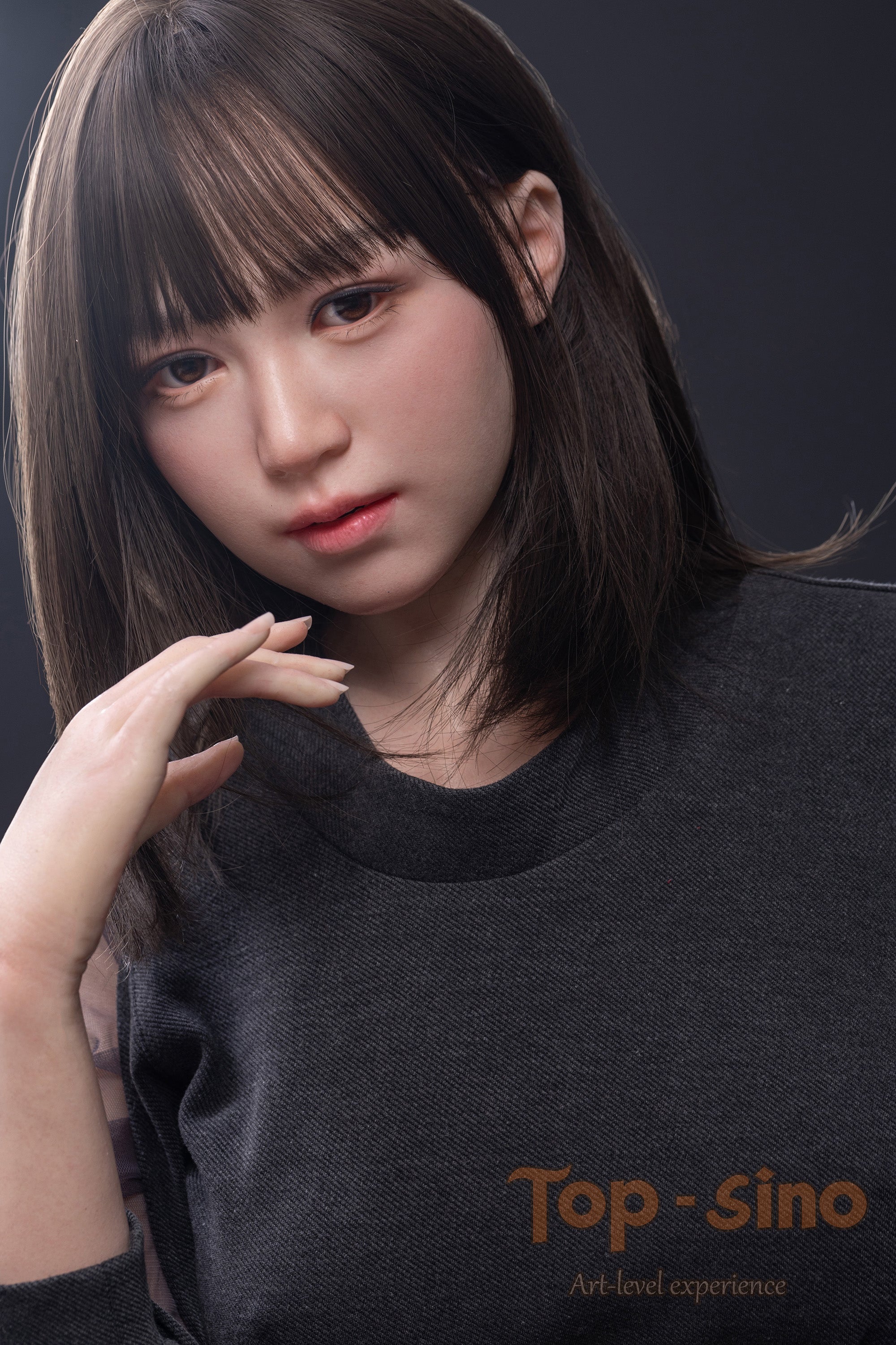 Top Sino 167 cm Platinum Silicone Recreated Series - Miju V2 (RRS+) in a face focus shot wearing a gray top.