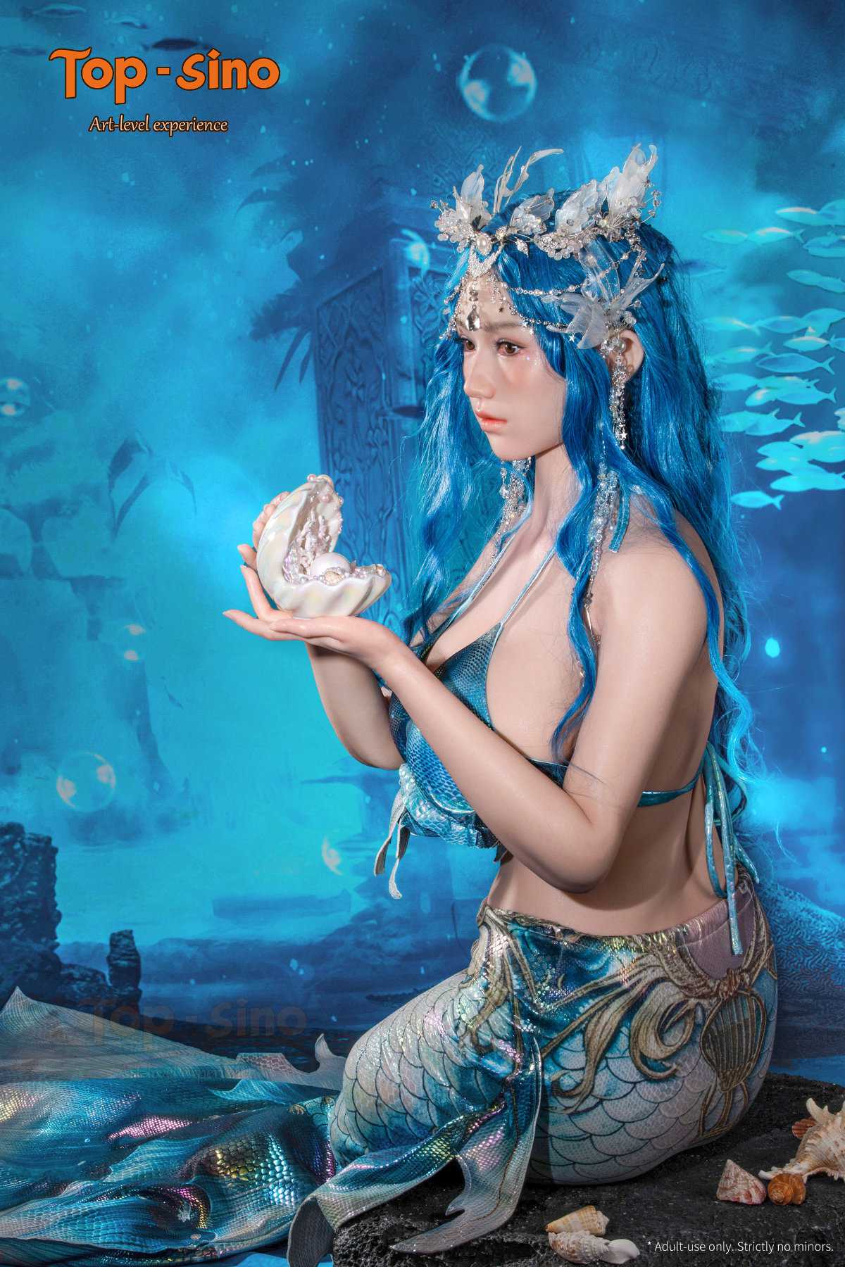 Top Sino Torso T96 cm Platinum Silicone Recreated Series - Misu (RRS+) in Mermaid character with blue hair and tail holding a shell with crystal ball in an underwater setting.