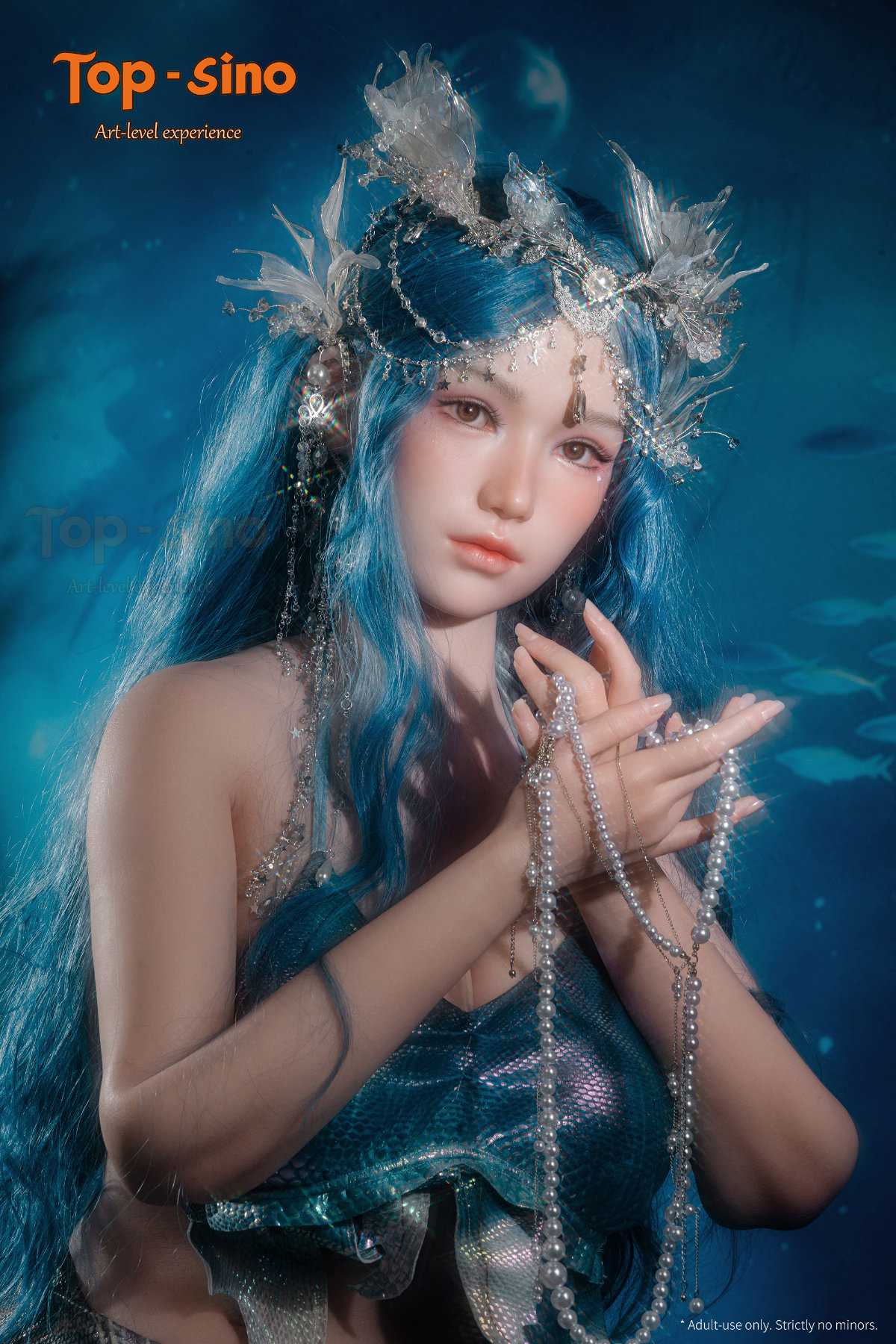 Top Sino Torso T96 cm Platinum Silicone Recreated Series - Misu (RRS+) with blue hair and decorative headpiece against a blue underwater background