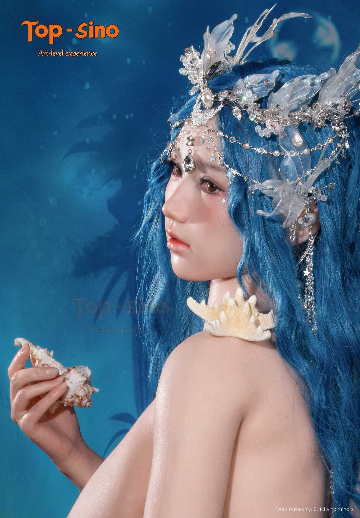 Top Sino Torso T96 cm Platinum Silicone Recreated Series - Misu (RRS+) with blue hair and elaborate headpiece holding a shell against a blue background.
