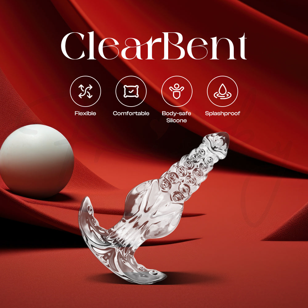 Transparent curved plug displayed on red background highlighting its unique bent shape