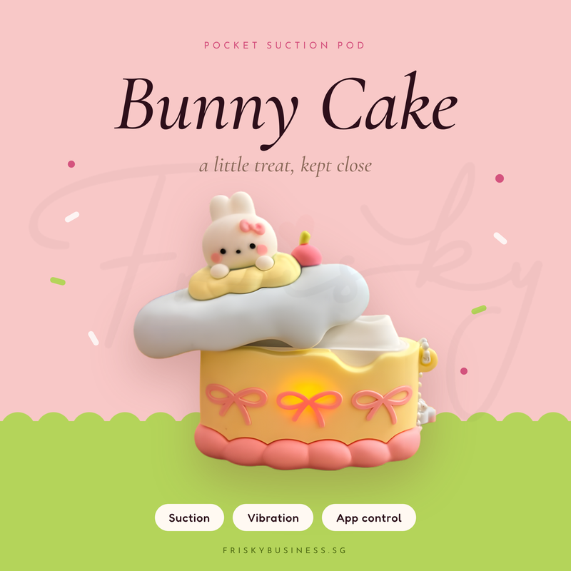 Bunny Cake suction vibrator on a pink and green background, Frisky Business product card