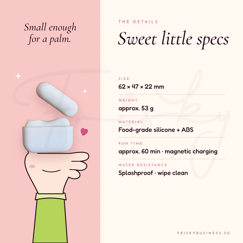 Hand holding the palm-sized Bunny Cake suction pod, with product size and specifications