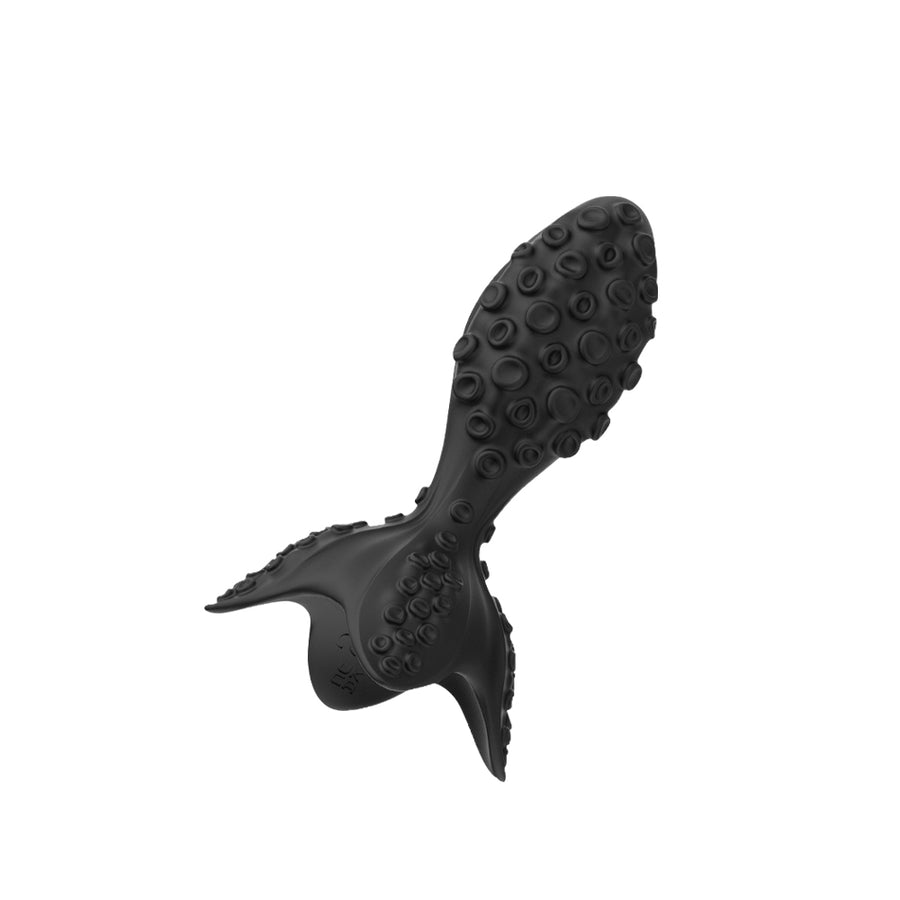 Black textured rotating anal plug with flared base and ergonomic tapered design