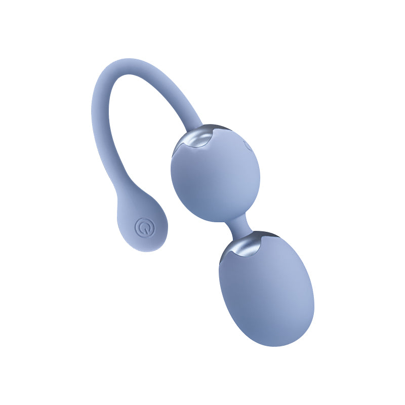 Lavender-blue double egg vibrator toy with bendable looped handle.