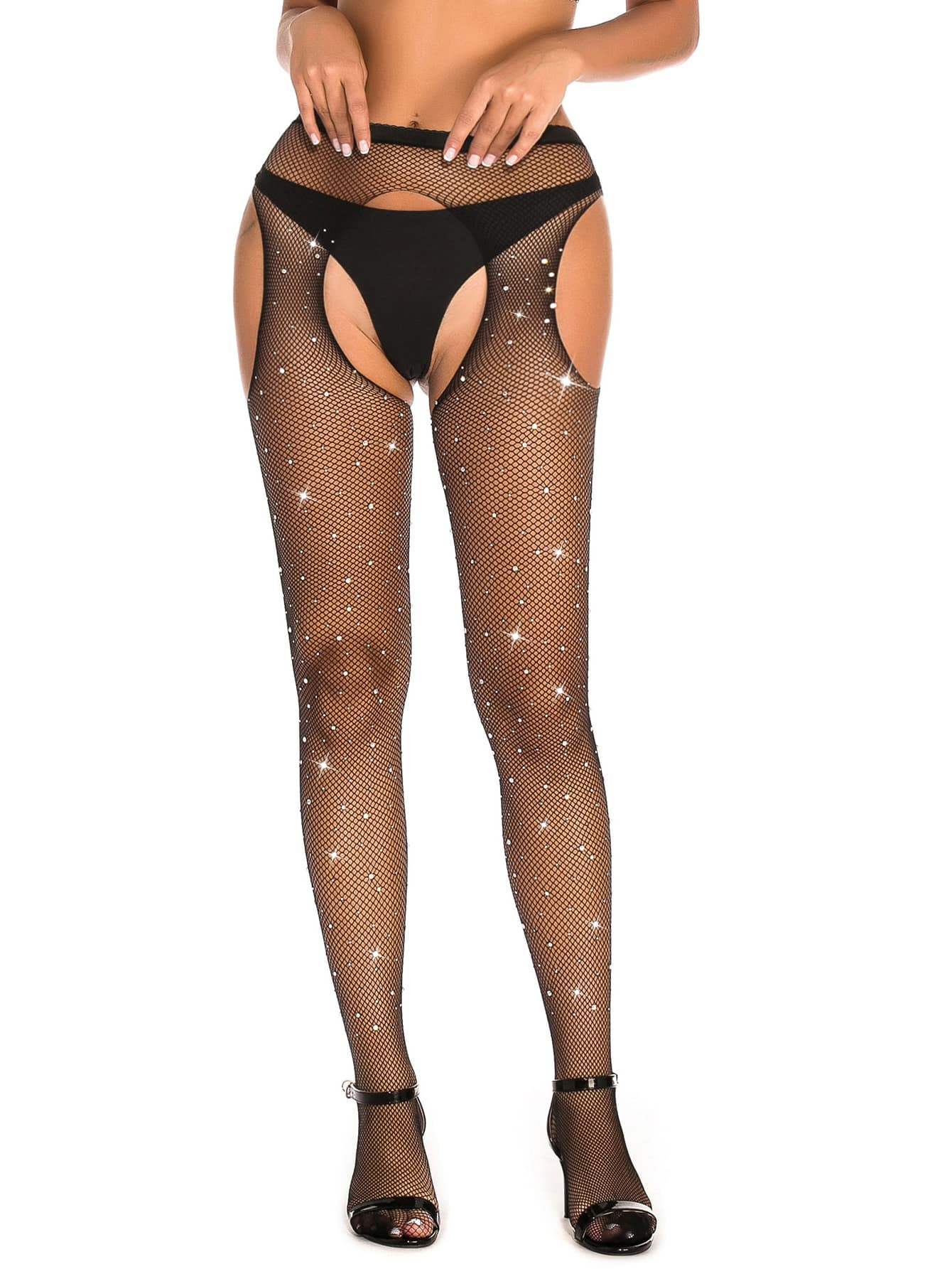 Stockings - 1 Pc Sexy Black Rhinestone Fishnet Lady Garter Stockings with Open Sides and High Waist Cut - Frisky Business Adult Sex Toys Shop