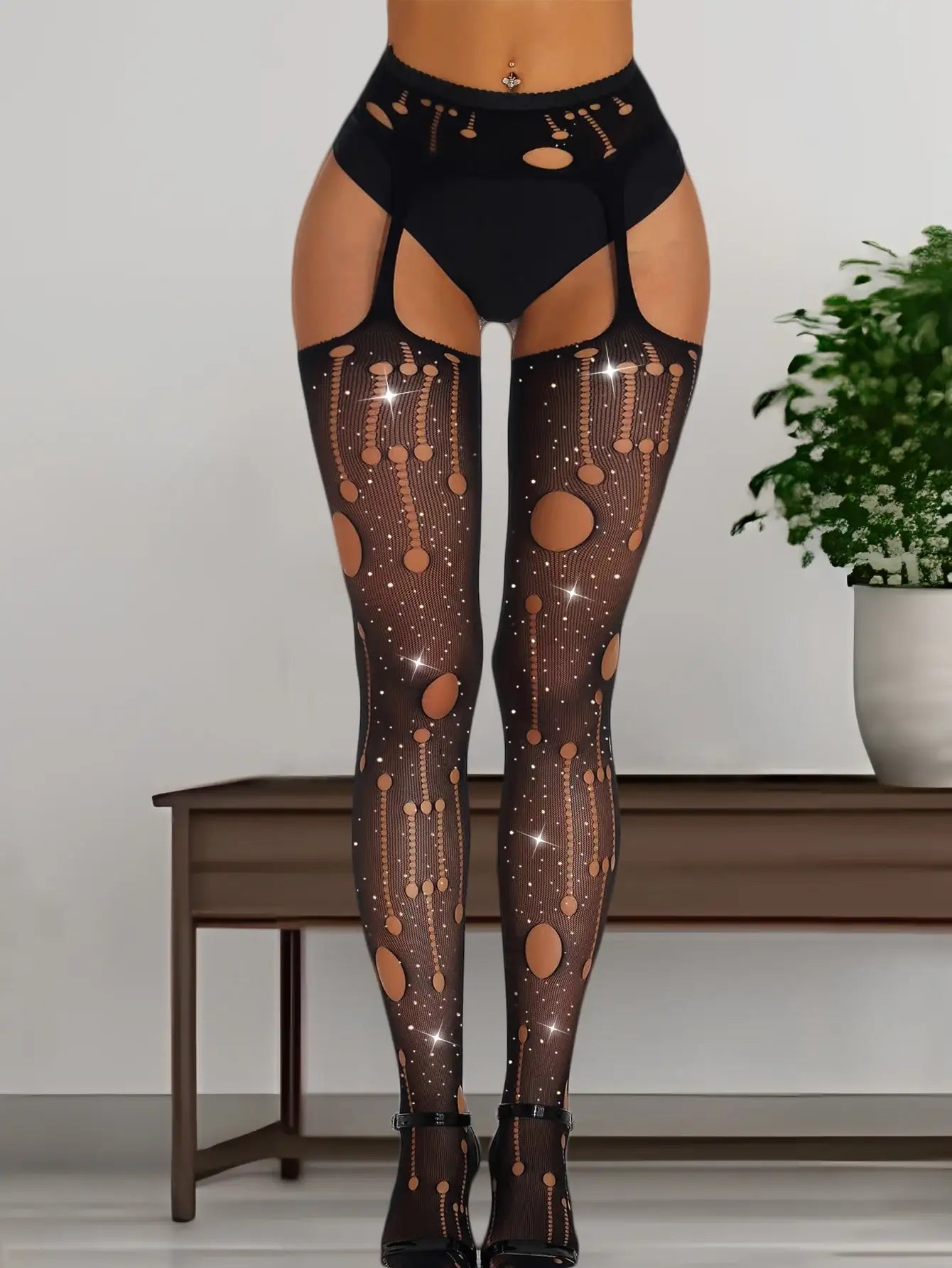 Stockings - 1 Pc Sexy Black Rhinestone Fishnet Lady Garter Stockings with Attached Garter Belt and Hollow Sheer Mesh - Frisky Business Adult Sex Toys Shop