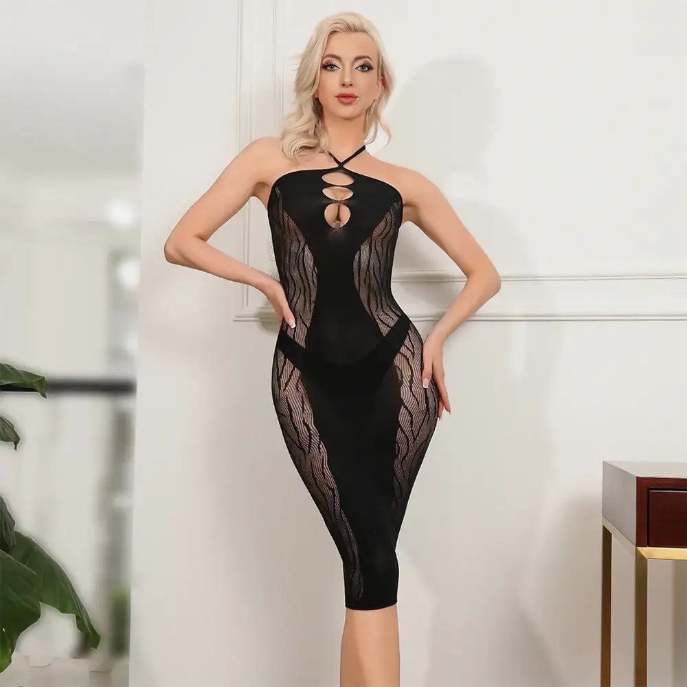 Bodystocking - 1 Pc Seductive Black Sheer Crotchless Mesh Lingerie with Open Back and Halter Neck - Frisky Business Adult Sex Toys Shop