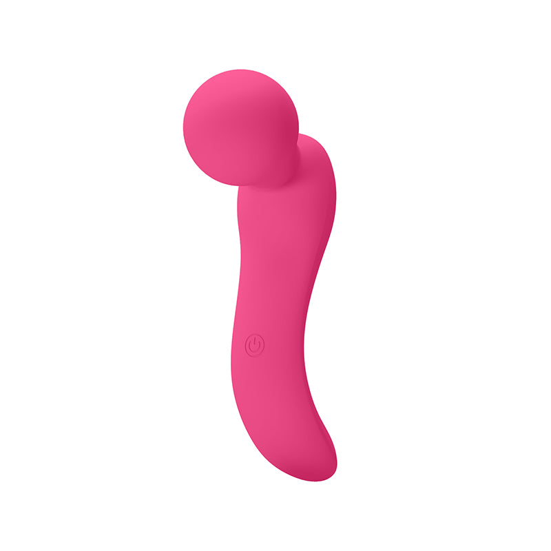 Pink curved wand vibrator with broad rounded head and single control button.