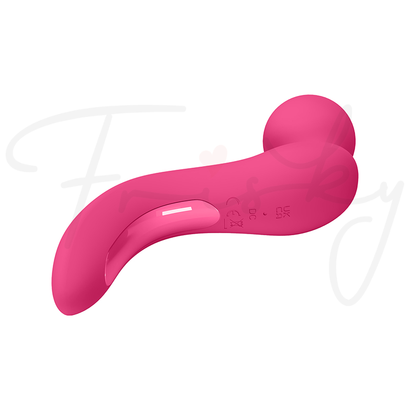 Pink curved wand vibrator shown at an angle on a plain white background.