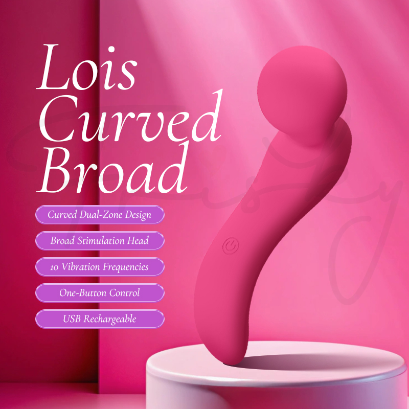 Vibrator displayed on a pedestal beside a feature list on a deep pink backdrop.