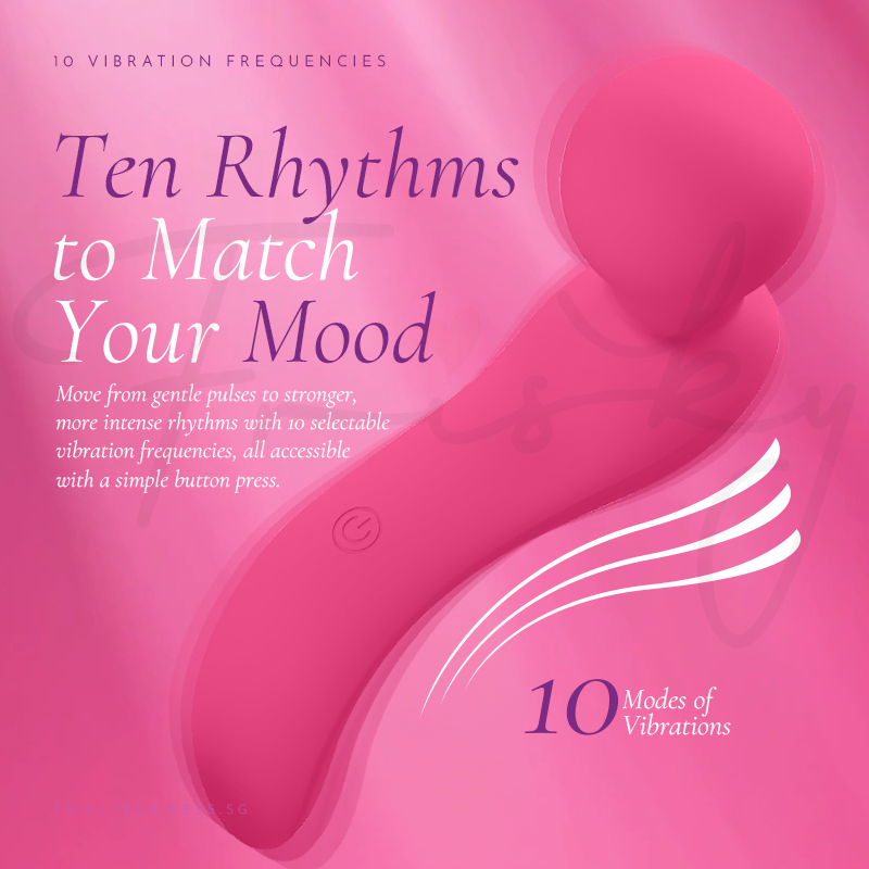 Vibrator shown beside a ten-modes of vibration indicator on a pink backdrop.