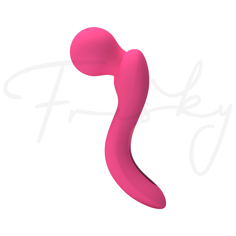 Pink curved wand vibrator shown on a plain white background.