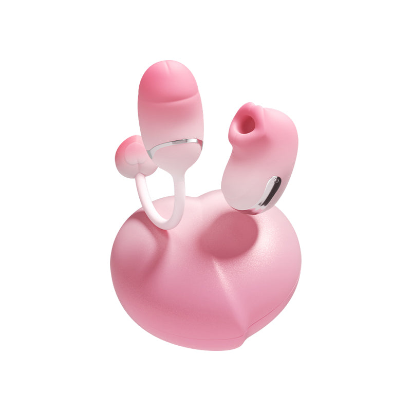 Pink heart-shaped suction stimulator and egg attachment, nestled in a rounded case.