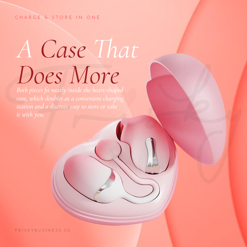 Pink heart-shaped case shown open with the stimulator and attachment nestled inside.