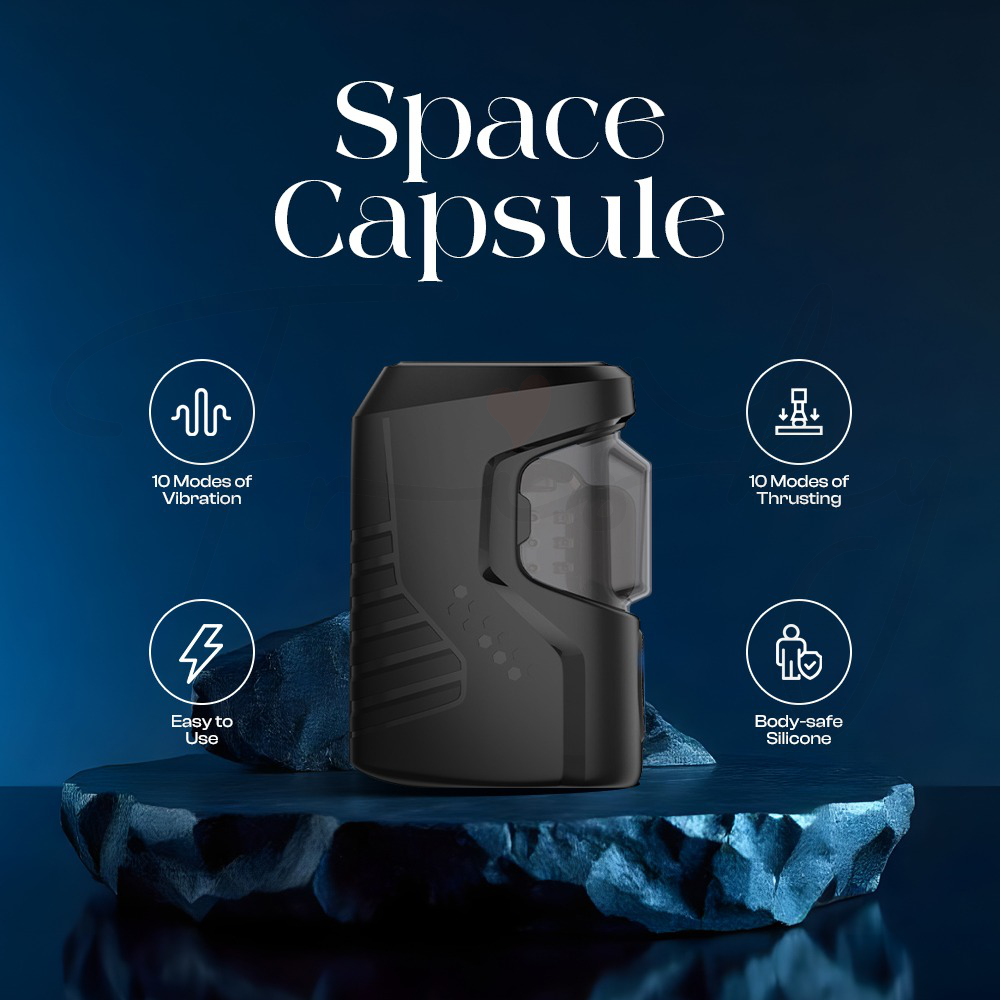 Space Capsule masturbator with blue background, highlighting thrusting, vibration, and compact design.