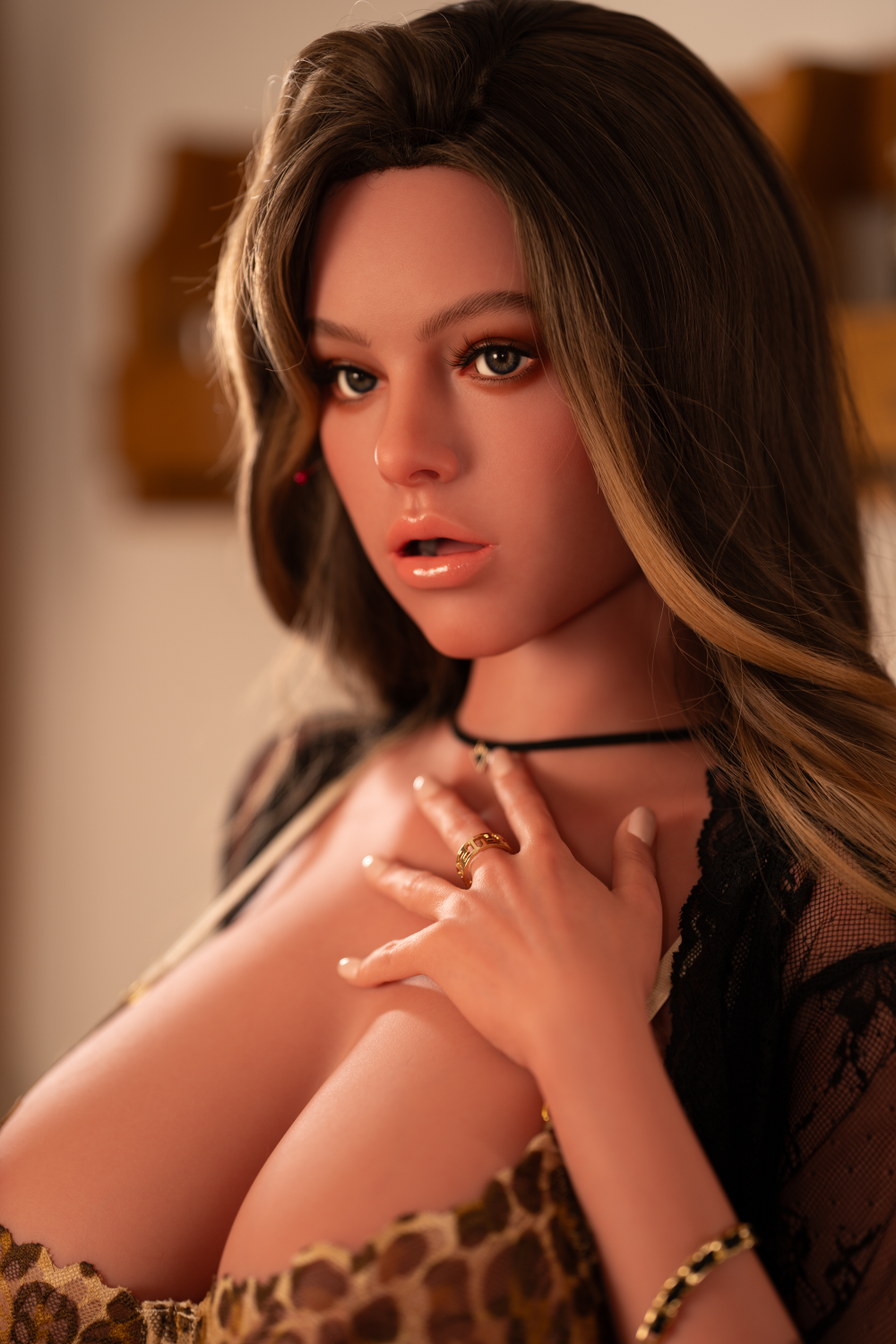 Close-up of Zelex Doll SLE Series 164 cm G Silicone - ZXE201-4  wearing a leopard print top and black lace garment.