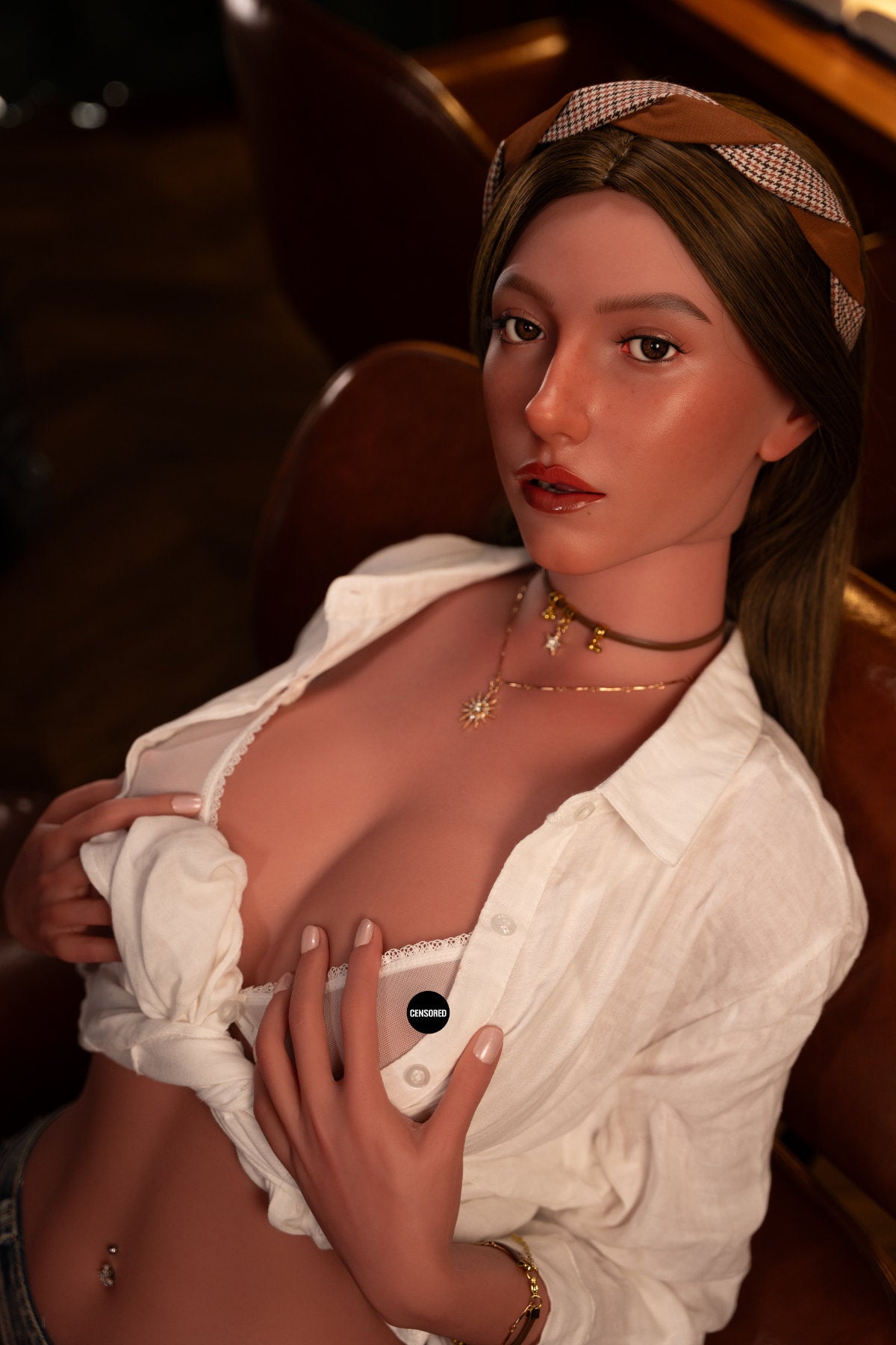 Zelex Doll SLE Series 3.0 172 cm E Silicone - ZXE215-1 seated pose in open white button-up shirt, short dark hair, warm indoor background
