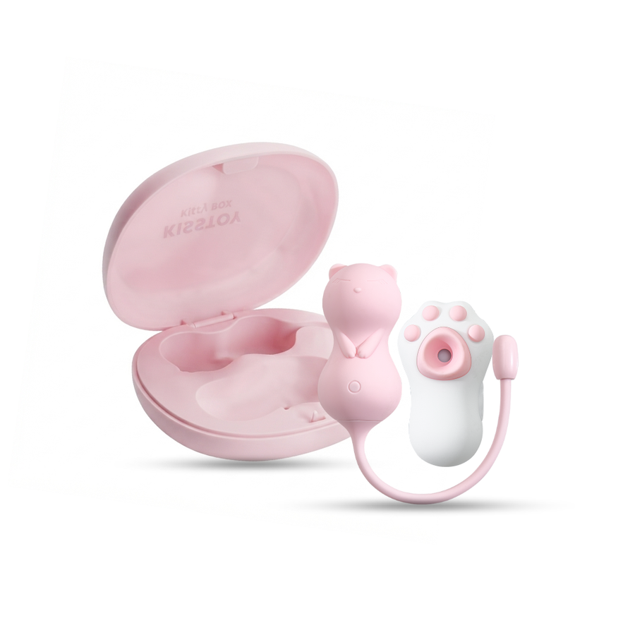 Translucent pink clamshell case open, holding a white cat-paw suction unit and pink egg vibrator