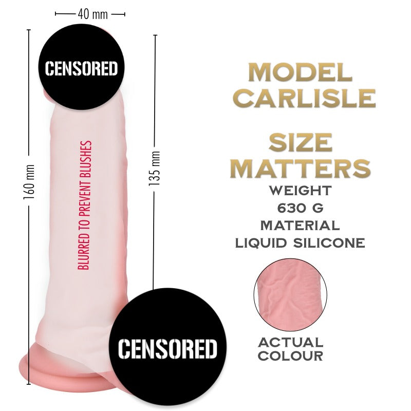 Dildo model Carlisle with measurement chart, showing length and width with suction base.
