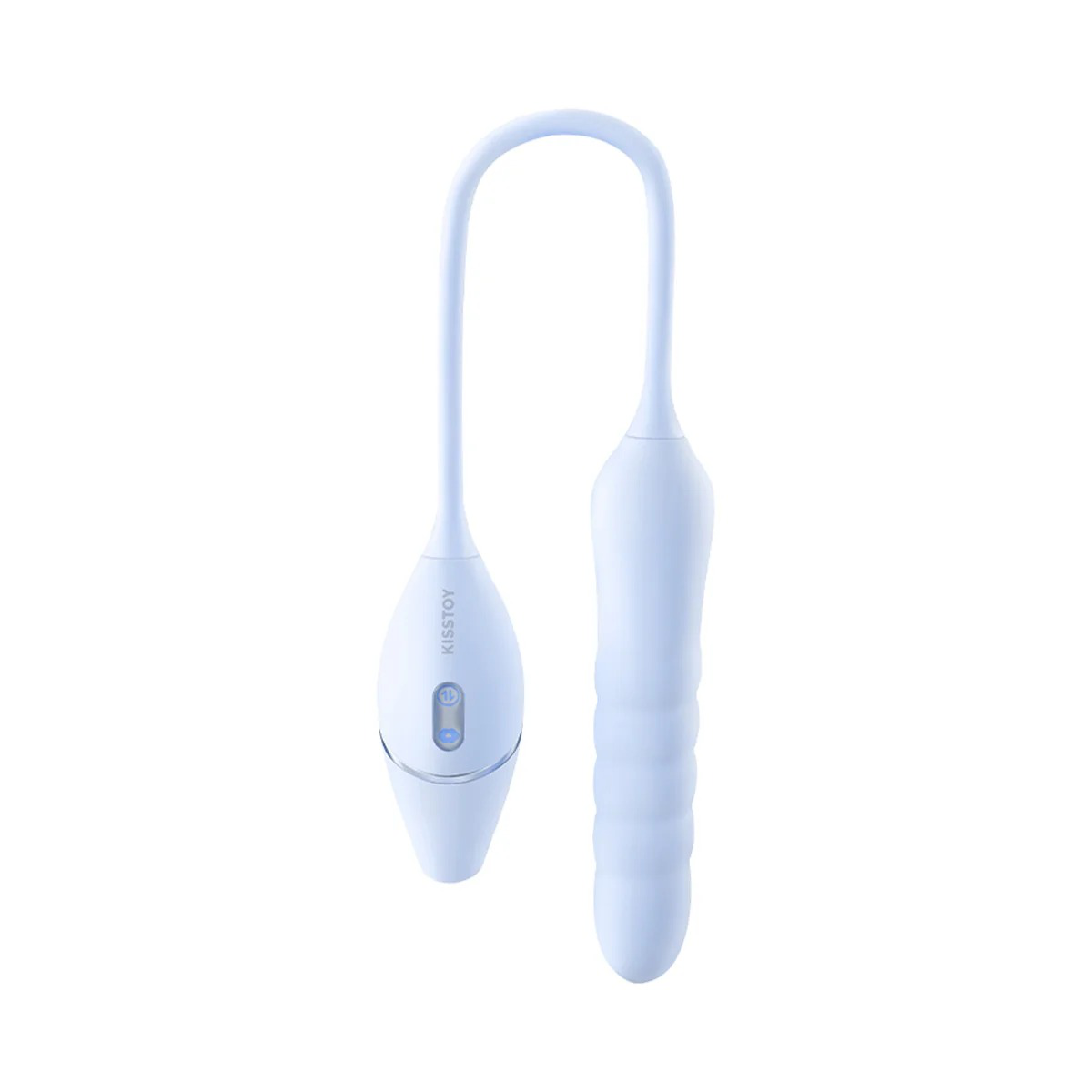 Light blue rechargeable personal massager with a curved neck and textured cylindrical shaft, shown on a white background.