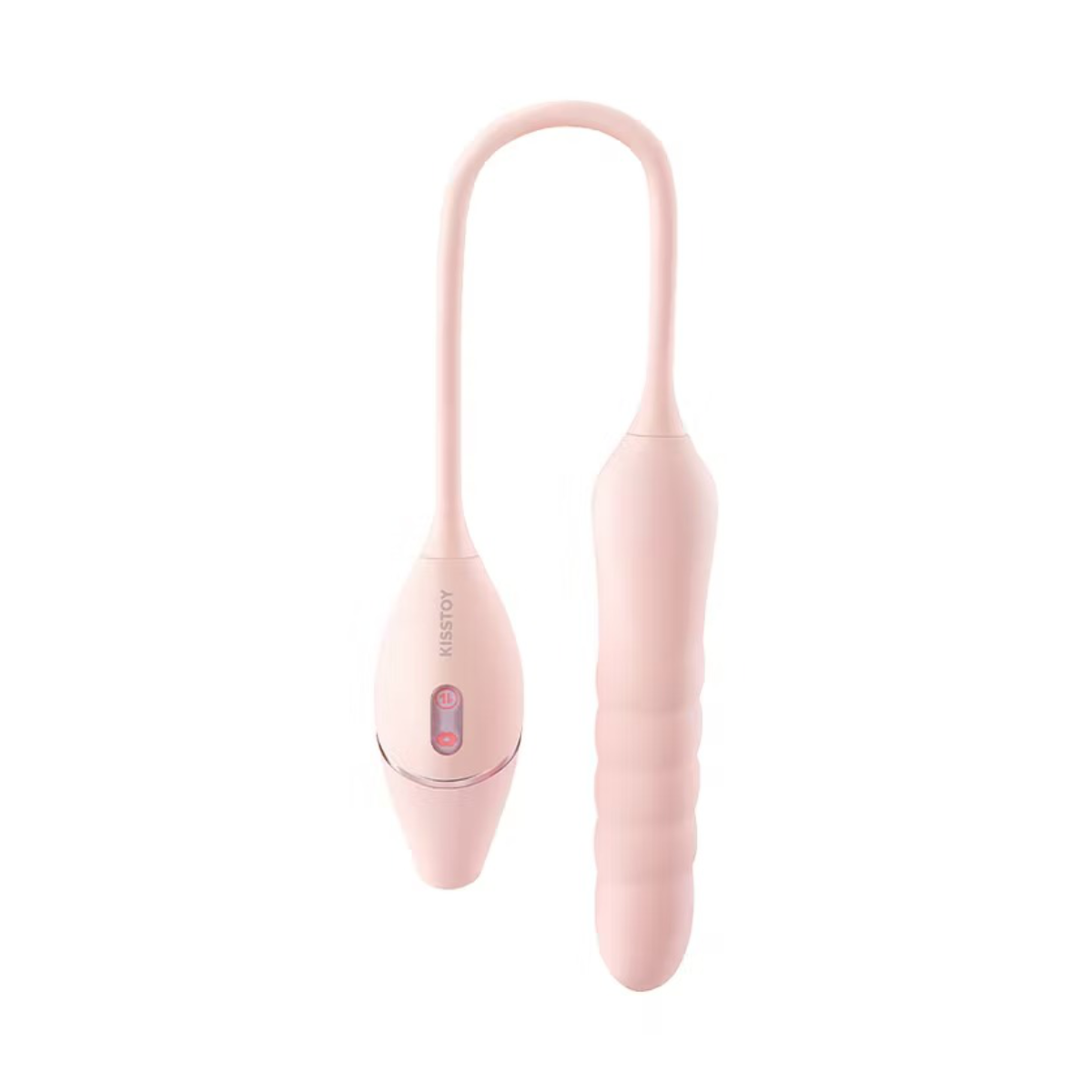 Light pink rechargeable personal massager with a curved neck and textured cylindrical shaft, shown on a white background.