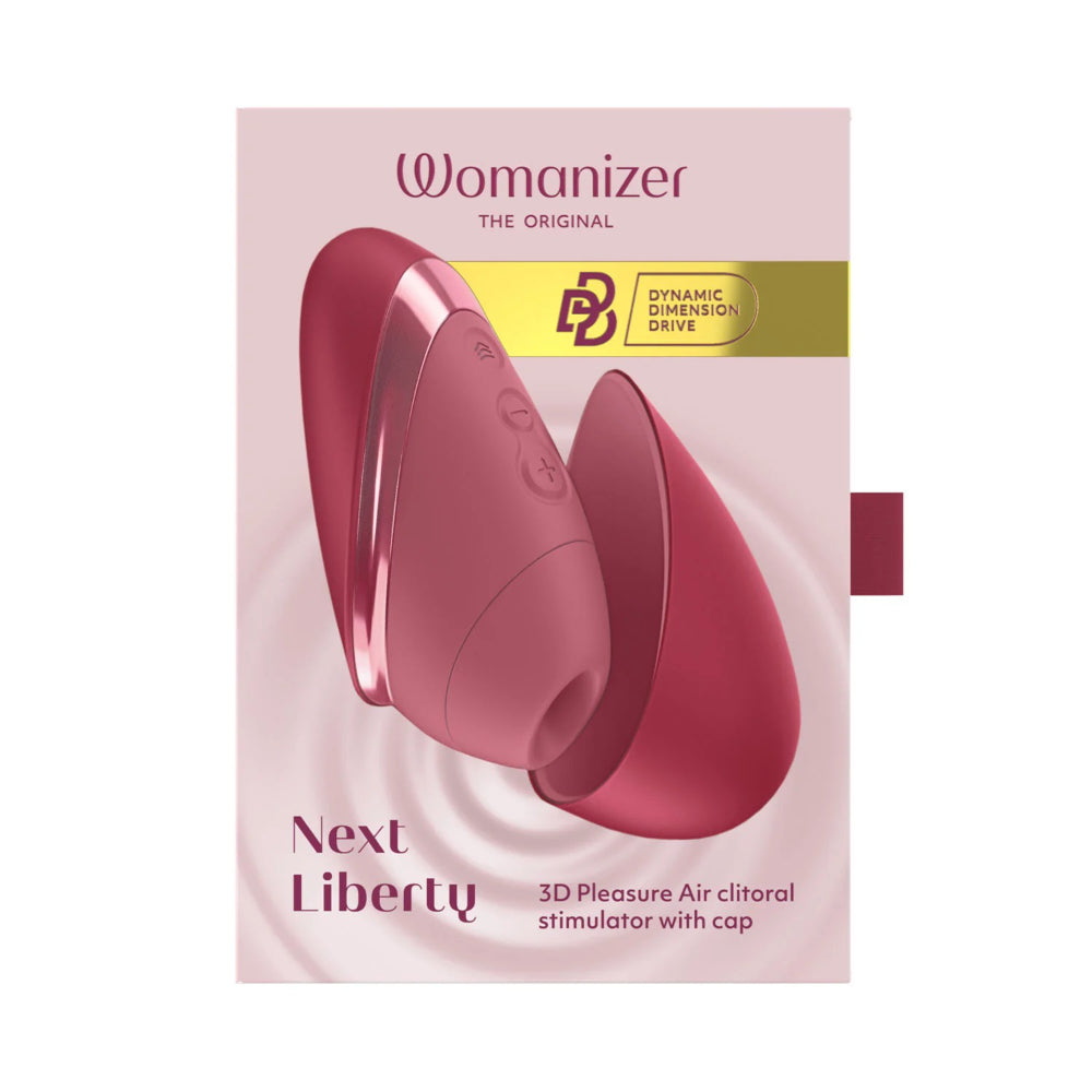 Front of the Womanizer Next Liberty retail box featuring official branding and product artwork.