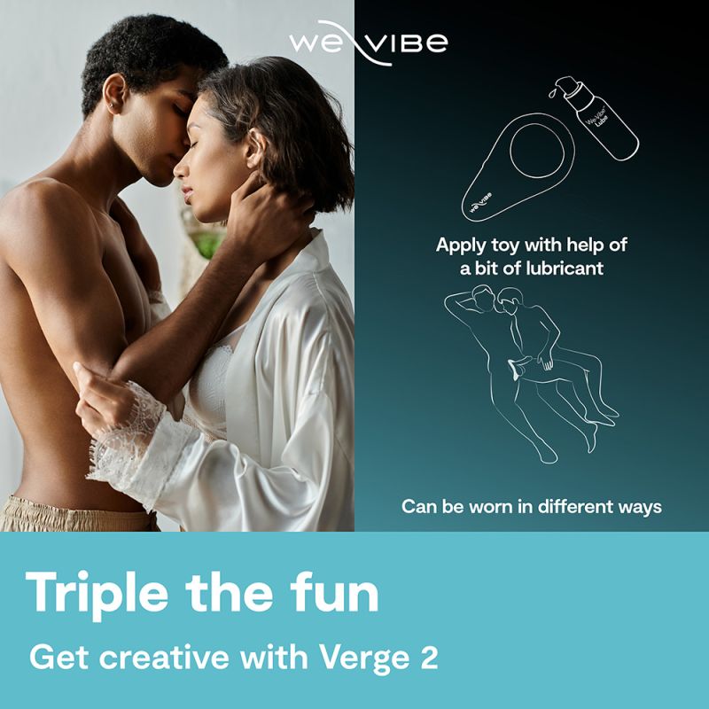 Couple embracing while using Verge 2 wearable vibrator for shared pleasure