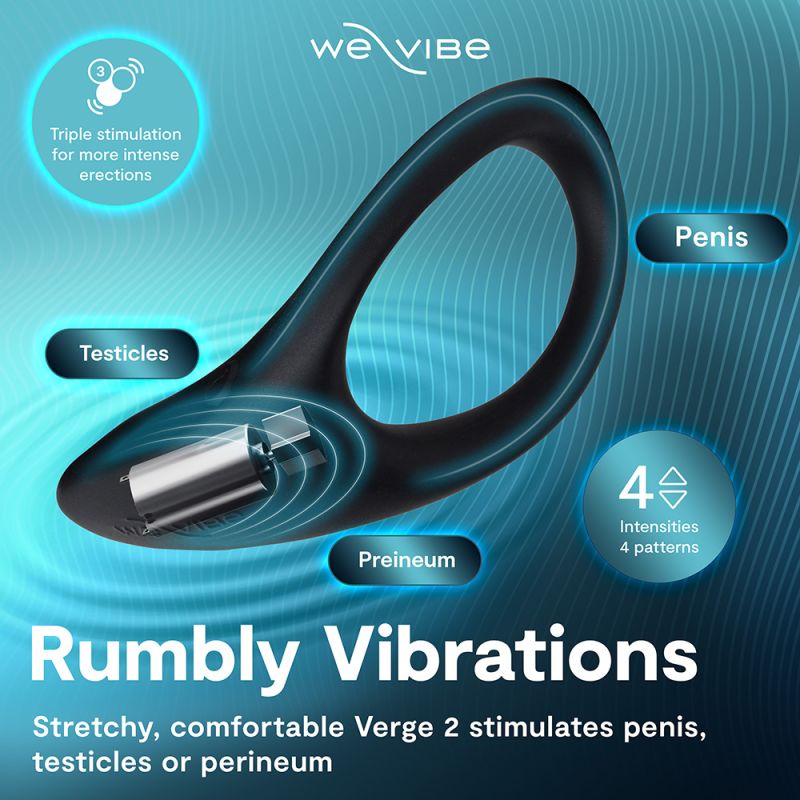 Verge 2 penis ring highlighting powerful rumbly vibrations and dual stimulation