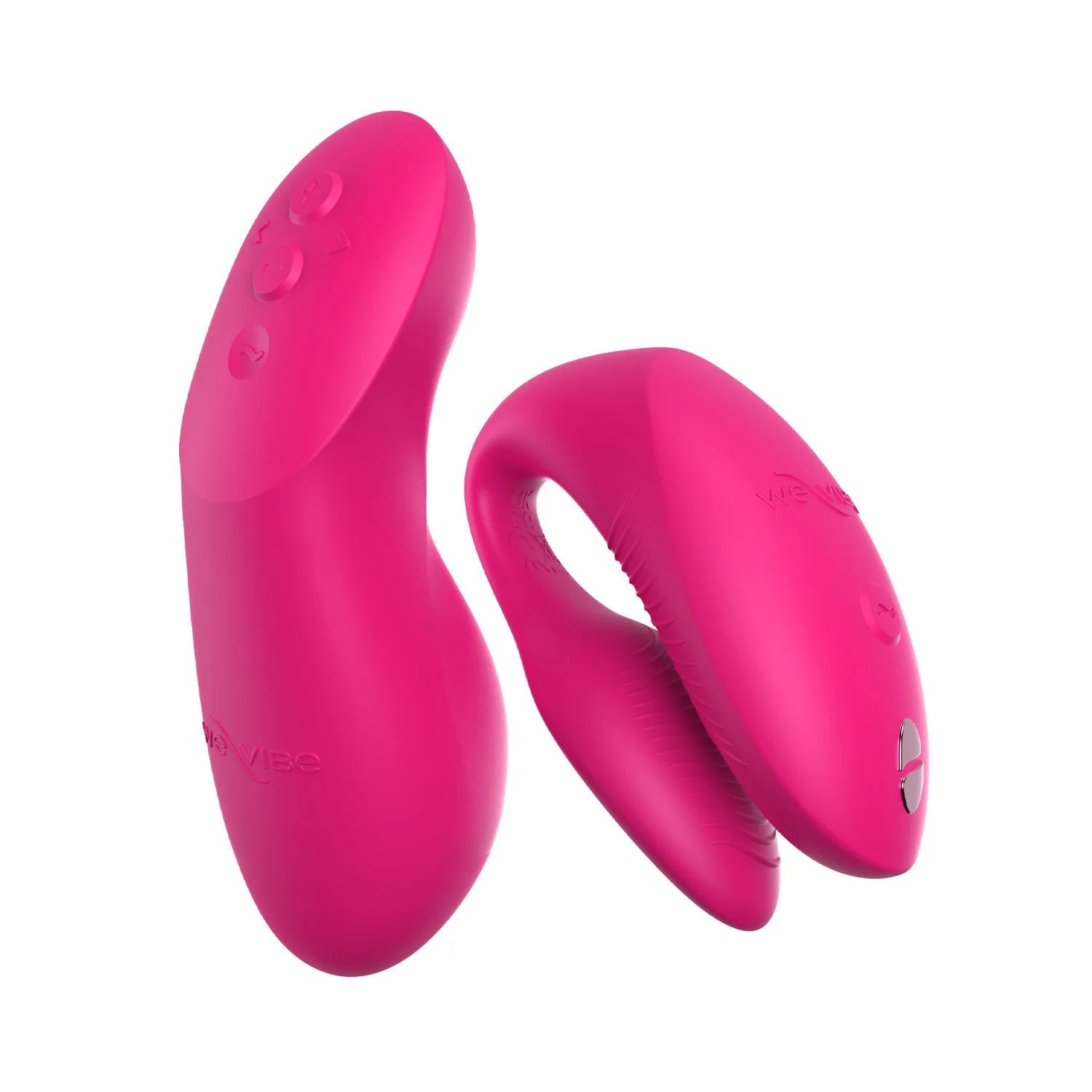 Close-up view of the We-Vibe Chorus Pro in electric pink beside its haptic remote.”