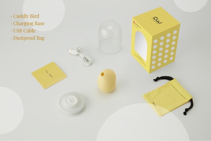 Cuddly Bird product packaging displayed with items arranged neatly on a white table