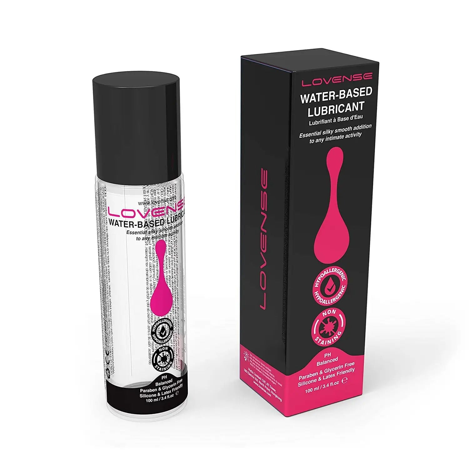 Clear lubricant bottle with black cap beside black and pink product box.