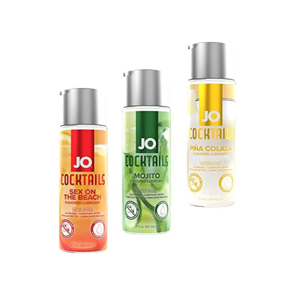 Three bottles of JO Cocktails flavored lubricants on a white background