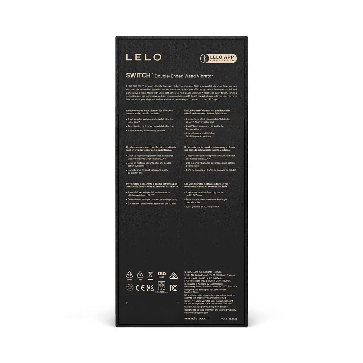 Black product box with specifications and information for Lelo Switch vibrator.

