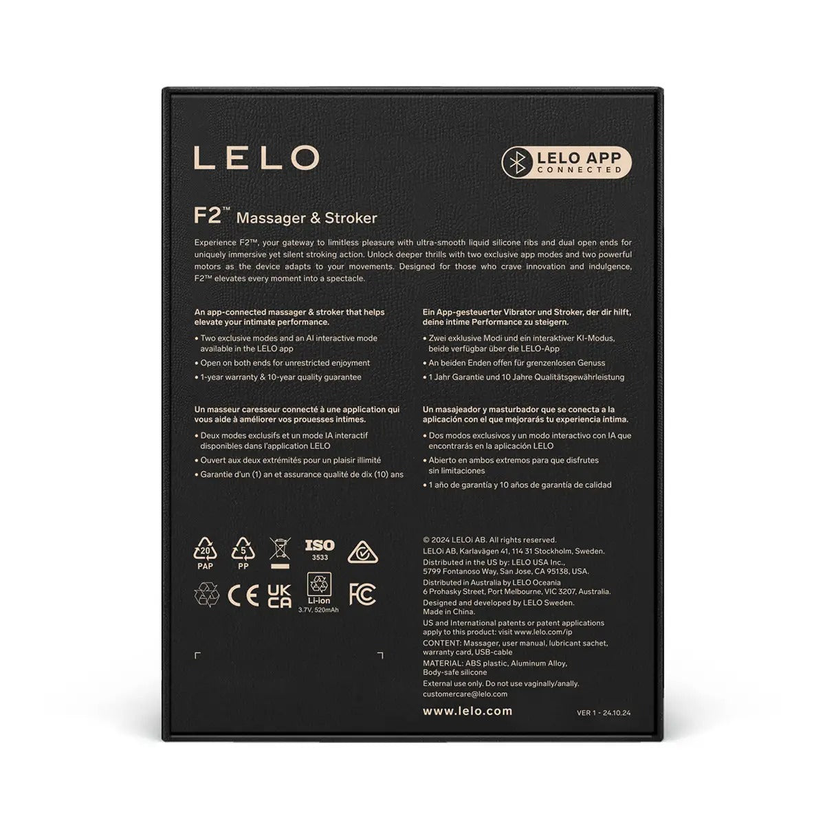 Back of Lelo F2S red edition box showing specifications, instructions, and warranty details.