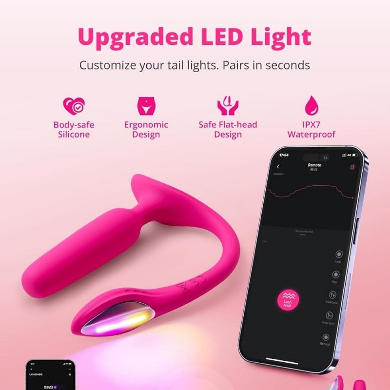 Lovense Lush Anal vibrator shown with packaging and smartphone app controls