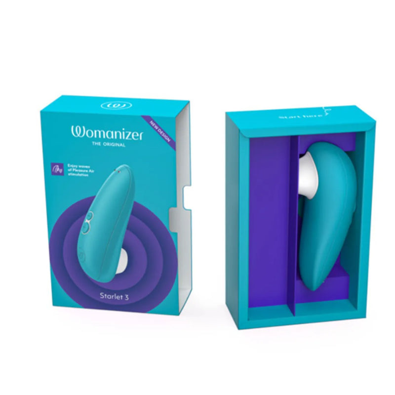 Womanizer Starlet 3 turquoise packaging shown from the front and side with the device pictured
