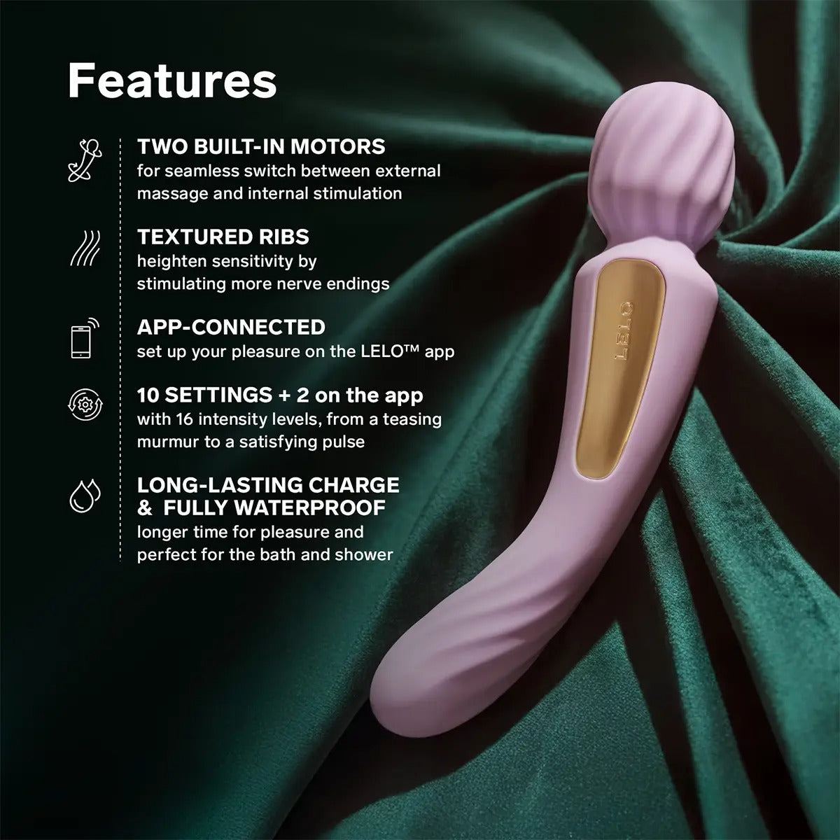 Soft Pink Lelo Switch wand vibrator showing dual ends and listed vibration features.