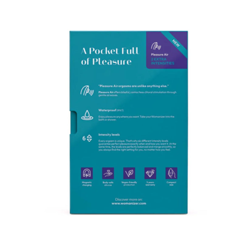 Blue Womanizer Starlet 3 information panel headed A Pocket Full of Pleasure, with feature icons