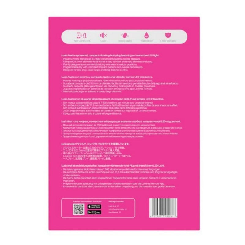 Back of Lovense Lush Anal box showing product features and specifications