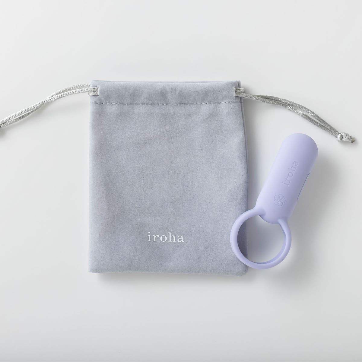 Purple tool with 'iroha' branding on a gray drawstring bag against a white background