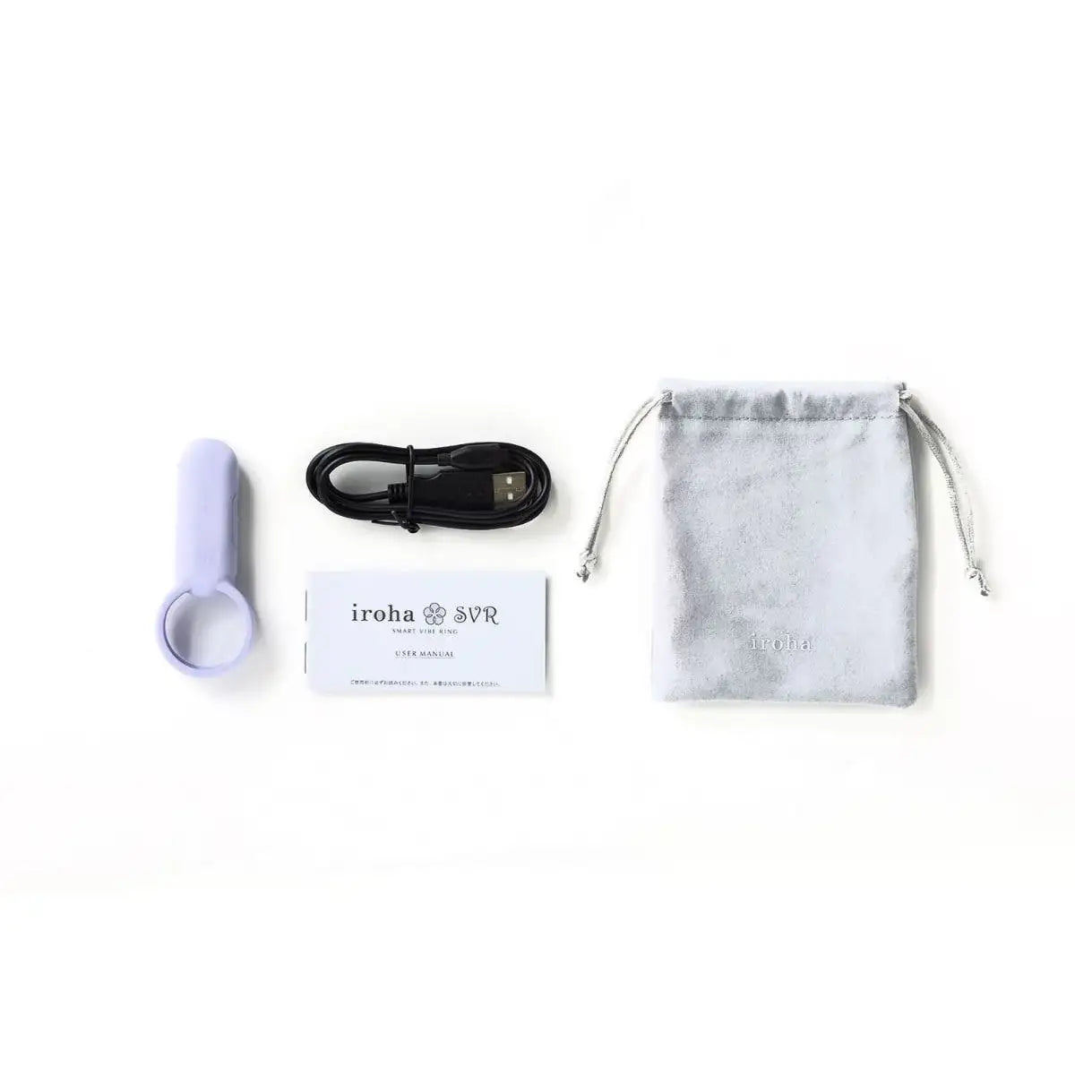 Product packaging with a small device, cable, and pouch on a white background