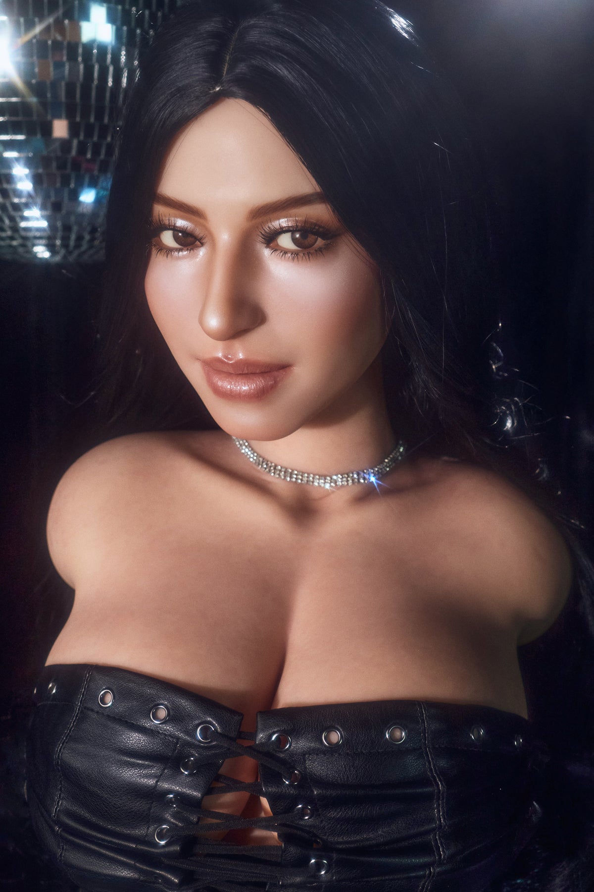 CLIMAX DOLL - ULW 885# Silicone Torso - Renata (Natural) – portrait with long black hair, soft smile and corset neckline