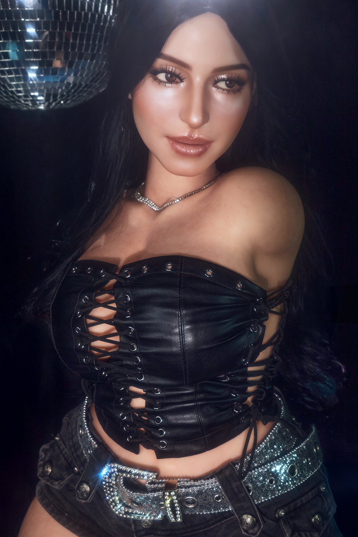CLIMAX DOLL - ULW 885# Silicone Torso - Renata (Natural) – three-quarter view in a black corset, long hair over one shoulder