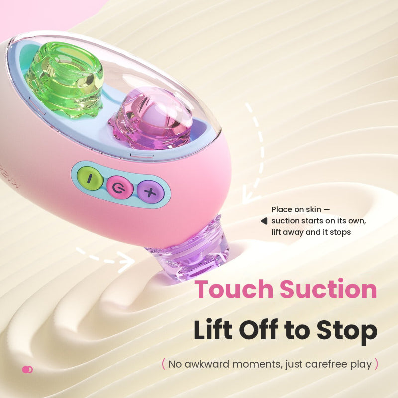 KISSTOY Kiss Sugar Air Plus suction vibrator showing touch suction control and lift-off-to-stop function